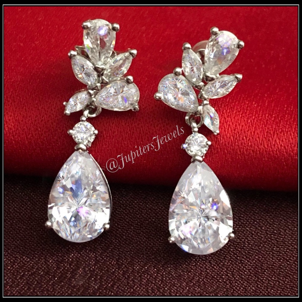 NEW 5g 925 SILVER ORNATE SIMULATED DIAMOND LEAF EVENT PEAR DROP EARRINGS - Picture 3 of 5